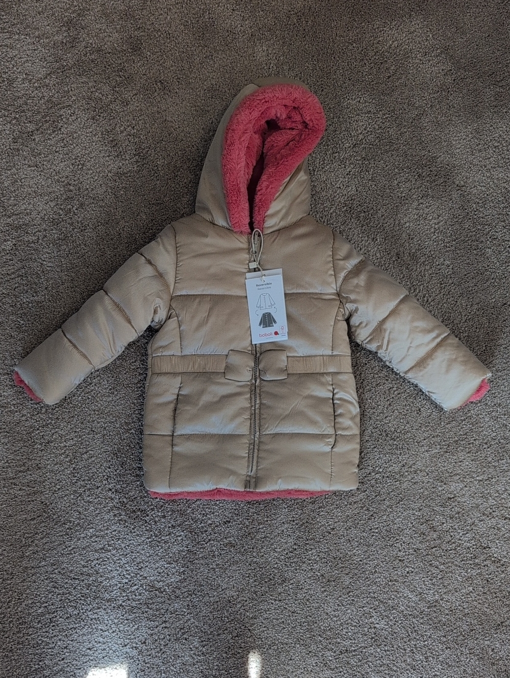 NWT Boboli Gold Reversible Puffer Coat Pink Faux-Fur Lining (2t)